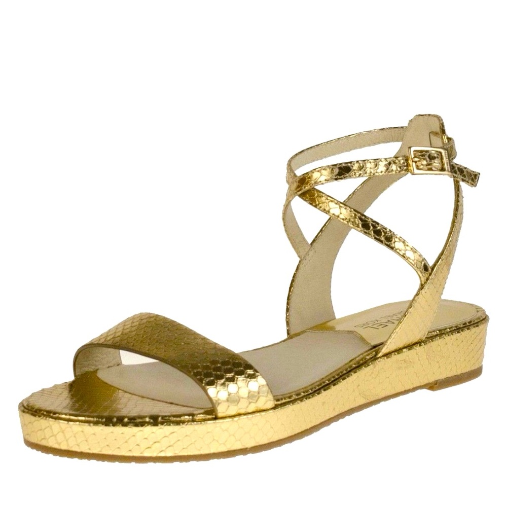 Michael Kors NWOB Kaylee Leather Flat Platform Pale Gold Metallic Sandal Size 5